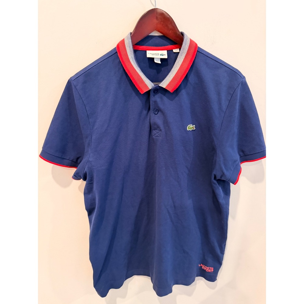 Lacoste Sport Polo Shirt Blue Red Trim Men's L Cotton FR 5‎ Classic Fit